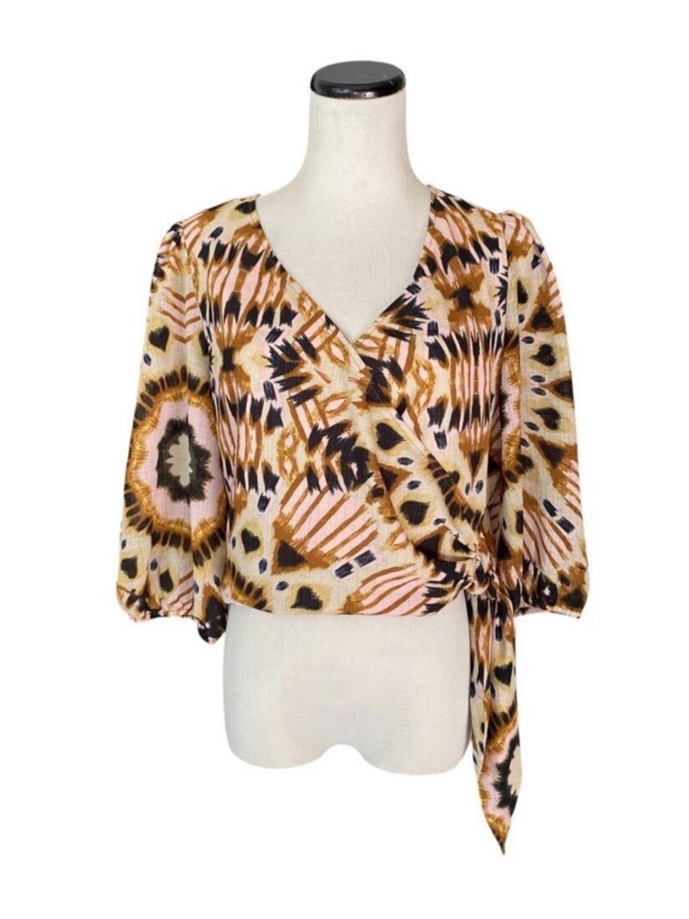 Rachel Zoe wrap crop top Pink and Brown Printed Wrap Blouse with Tie Waist med